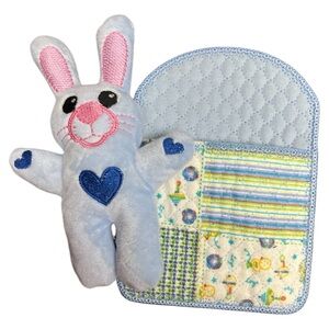 Hand Crafted Blue Bunny Plush Toy with Quilted Blanket Sleeping Bag Hearts